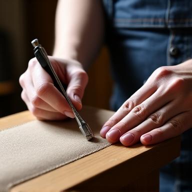 A craftsman's hands using a tool on a piece of furniture.